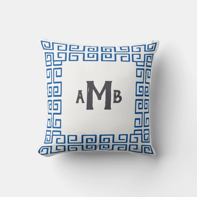 Blue Chinoiserie Wide Greek Key Border Monogram Cushion (Front)