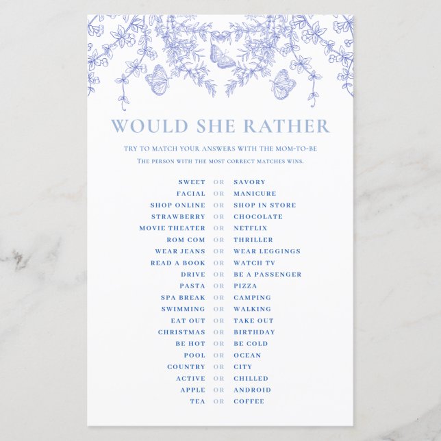 Blue Chinoiserie Would She Rather Baby Shower Game (Front)