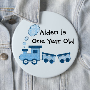 Blue Choo Choo Train Happy Birthday Button
