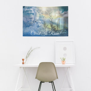 Blue Christ Is Risen Cross Lion Lamb Easter Banner
