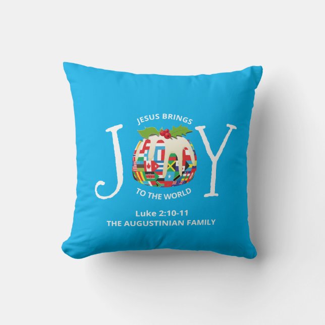 Blue Christian Christmas JOY TO THE WORLD Cushion (Front)