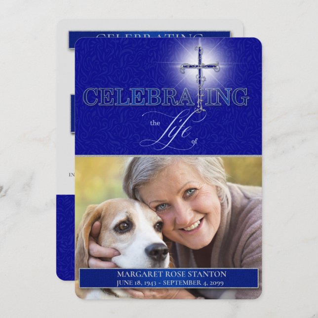 Blue Christian Cross Celebration of Life Photo Invitation (Front/Back)