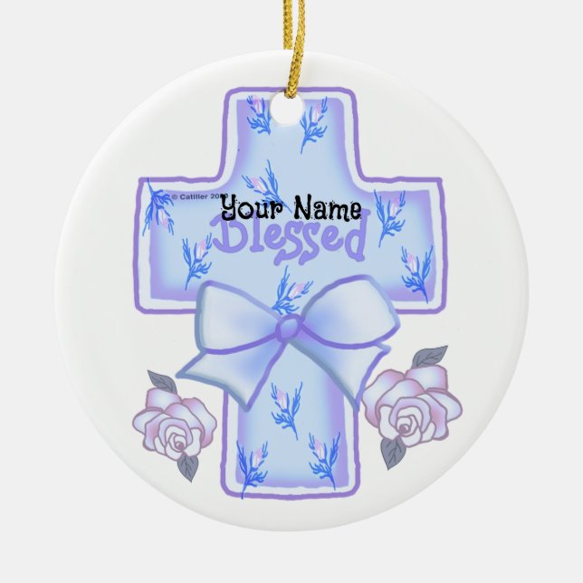 Blue Christian Cross  Ceramic Ornament (Front)