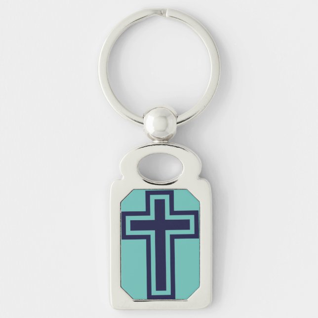 Blue Christian Cross Minimalist Faith Art Key Ring (Front)