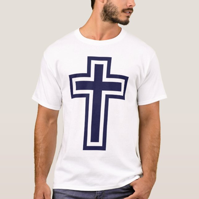 Blue Christian Cross Minimalist Faith Art T-Shirt (Front)