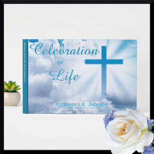 Blue Christian Cross, White Clouds Memorial Photo  Guest Book