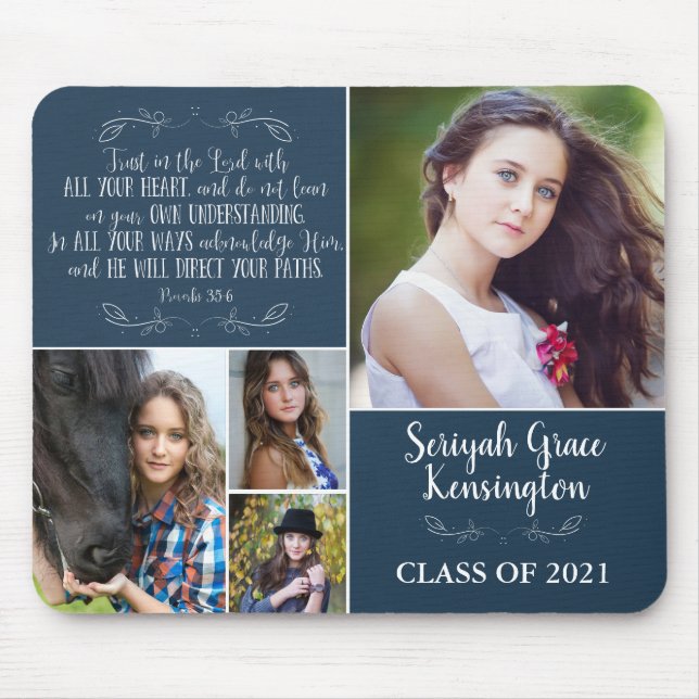 Blue Christian Verse Graduation 4 Photo Collage Mouse Pad (Front)