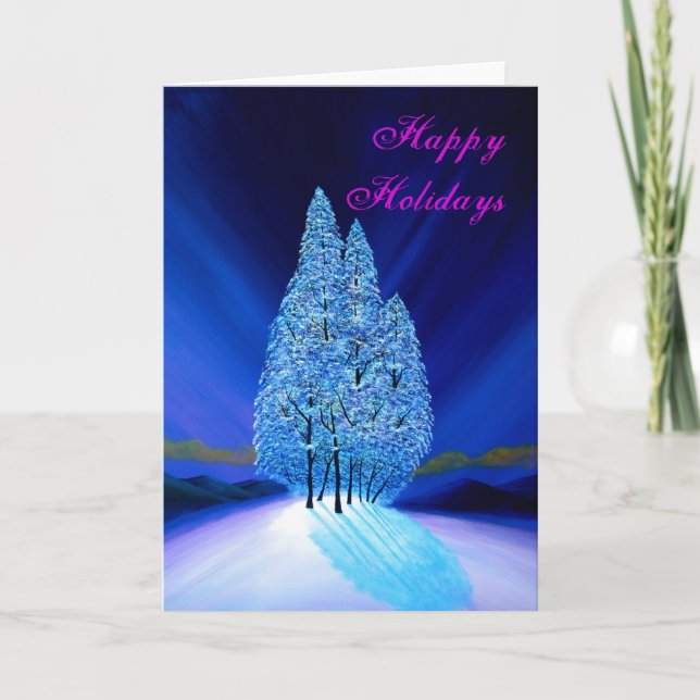 Blue Christmas #7 Northern Lights Fir Trees Holiday Card (Front)