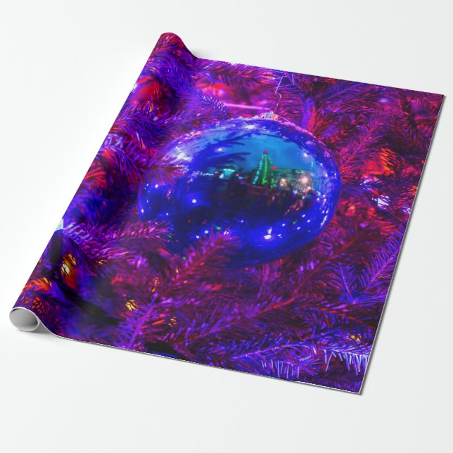 Blue Christmas Ball, Purple Tree Wrapping Paper (Unrolled)