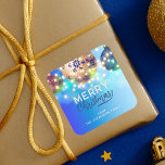 Blue Christmas Baubles Twinkling String Lights  Square Sticker<br><div class="desc">This is a customisable Christmas sticker that adds a festive touch to your holiday greetings. It features a gradient blue background with a bokeh effect, adorned with three shiny metallic Christmas ornaments in gold, blue and pink. Each ornament is decorated with snowflakes, adding to the holiday spirit. The sticker also...</div>