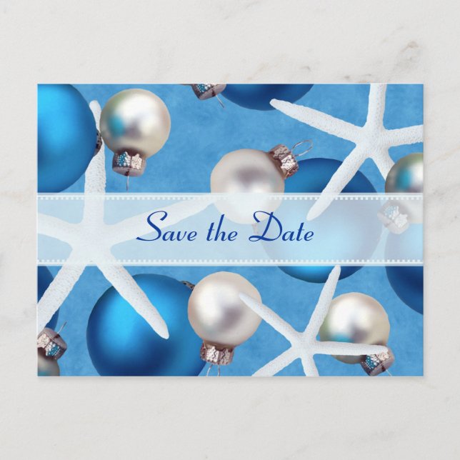 Blue Christmas Beach Wedding Save the Date Cards (Front)