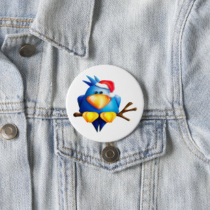 Blue Christmas Bird with Santa Hat 7.5 Cm Round Badge