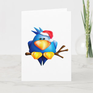 Blue Christmas Bird with Santa Hat Card