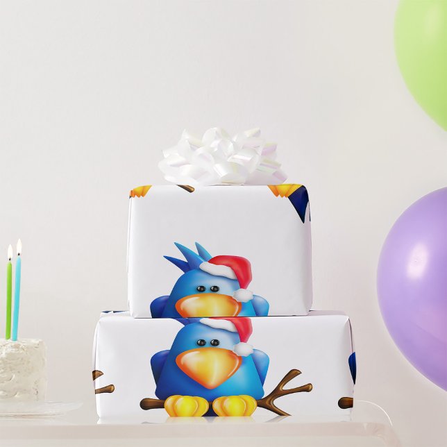 Blue Christmas Bird with Santa Hat Wrapping Paper (Creator Uploaded)