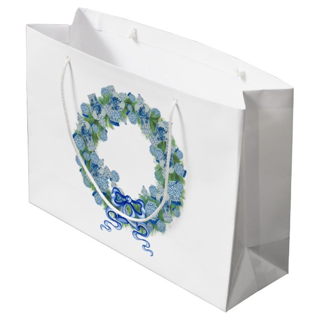 Blue Christmas Chinoiserie Wreath  tote  Large Gift Bag (Back Angled)