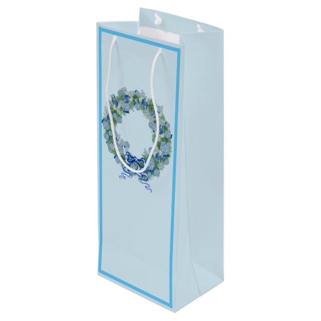 Blue Christmas Chinoiserie Wreath Wine Bag tote  (Back Angled)
