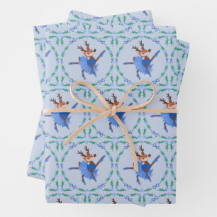 Blue Christmas Dancer the Reindeer Ballerina Wrapping Paper Sheet
