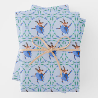 Blue Christmas Dancer the Reindeer Ballerina Wrapping Paper Sheet