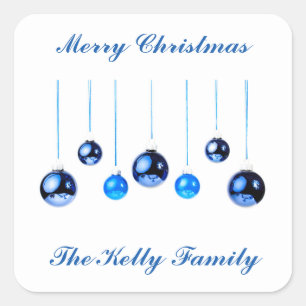 Blue Christmas Decoration balls photo with text Square Sticker