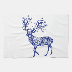 Blue Christmas deer Tea Towel