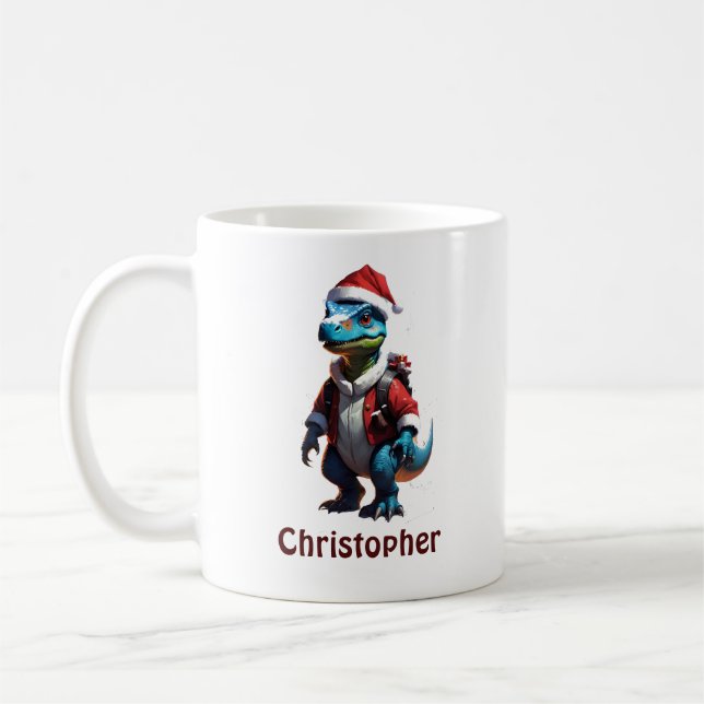 Blue Christmas dinosaur Coffee Mug (Left)