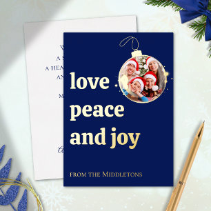 Blue Christmas Family Photo Love Peace Joy Gold Foil Holiday Card
