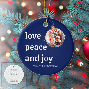 Blue Christmas Family Photo Love Peace Joy Holiday Ceramic Ornament