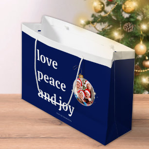 Blue Christmas Family Photo Love Peace Joy Holiday Large Gift Bag
