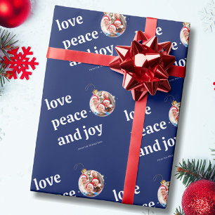 Blue Christmas Family Photo Love Peace Joy Holiday Wrapping Paper