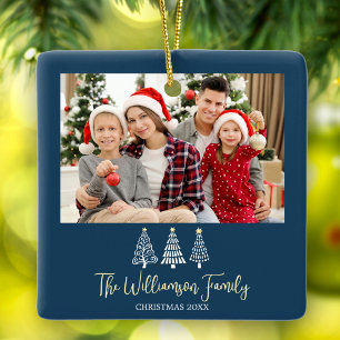 Blue Christmas Family Photo Trees Whimsical Script Ceramic Ornament