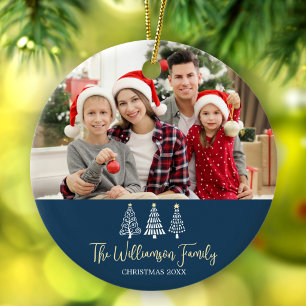 Blue Christmas Family Photo Whimsical Trees Script Ceramic Ornament