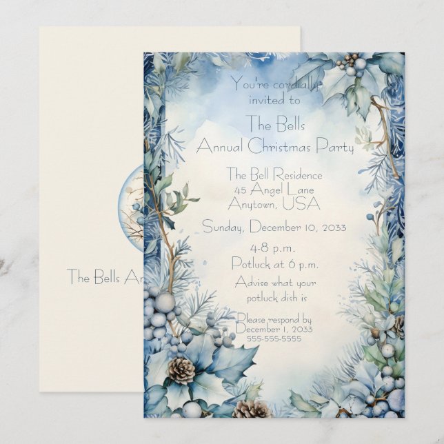Blue Christmas Flowers Annual Christmas Party   Invitation (Front/Back)