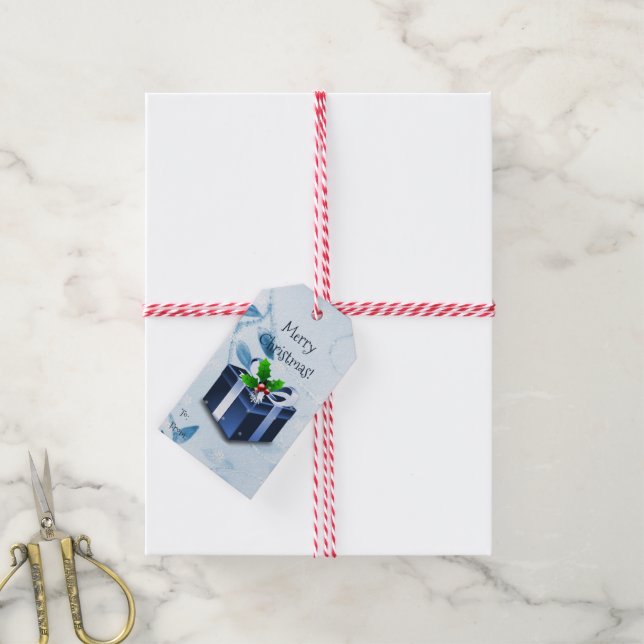 Blue Christmas Gift Box Gift Tag (With Twine)