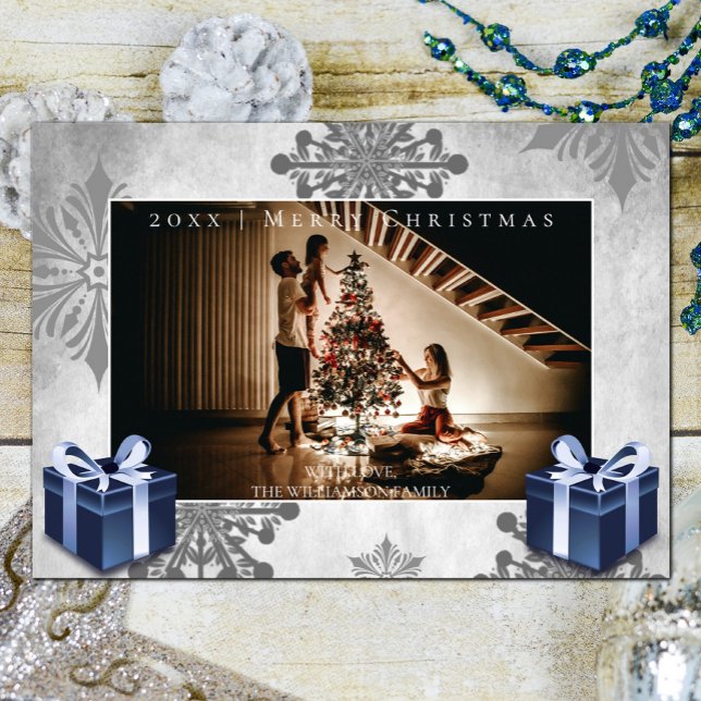 Blue Christmas Gifts and Snowflakes Photo Card (Blue Christmas Gifts and Snowflakes Holiday Photo Card)