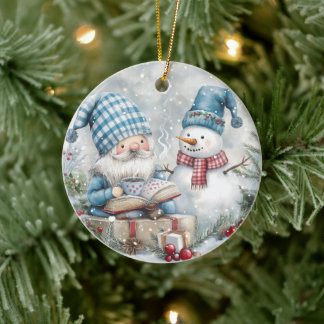 Blue Christmas Gnome Ceramic Ornament