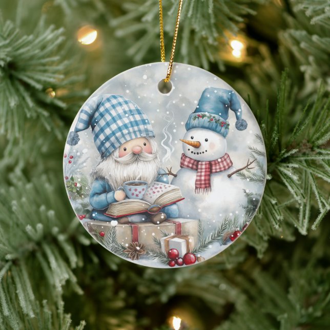 Blue Christmas Gnome  Ceramic Ornament (Tree)