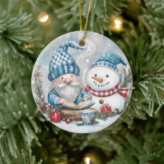 Blue Christmas Gnome Ceramic Ornament