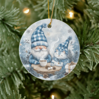 Blue Christmas Gnome Ceramic Ornament