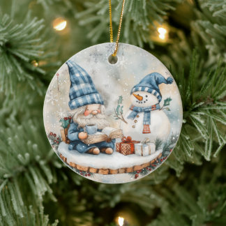 Blue Christmas Gnome Ceramic Ornament