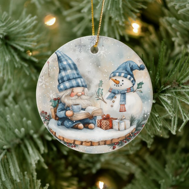 Blue Christmas Gnome  Ceramic Ornament (Tree)