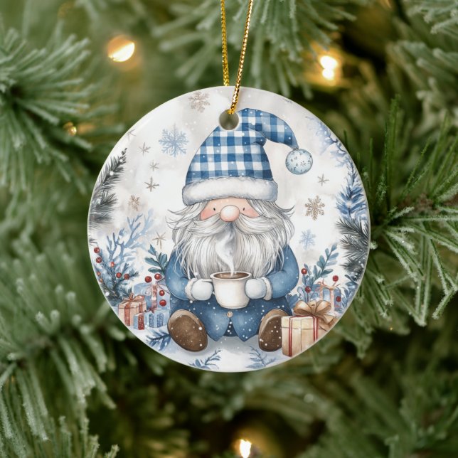 Blue Christmas Gnome  Ceramic Ornament (Tree)
