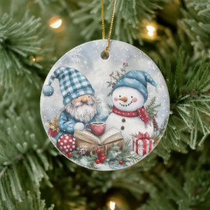 Blue Christmas Gnome Ceramic Ornament