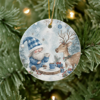 Blue Christmas Gnome Ceramic Ornament