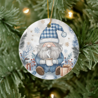 Blue Christmas Gnome Ceramic Ornament
