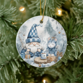 Blue Christmas Gnome Ceramic Ornament