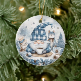 Blue Christmas Gnome Ceramic Ornament