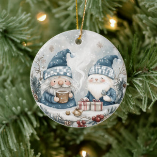 Blue Christmas Gnome Ceramic Ornament