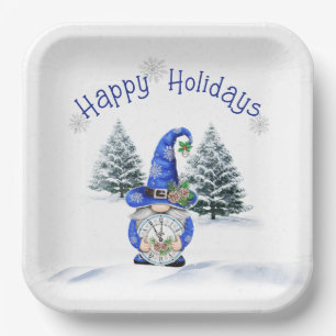 Blue Christmas Gnome with Clock Paper Plate