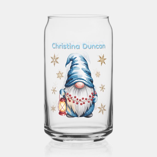 Blue Christmas Gnome with Red Lantern Berries Can Glass (Front)
