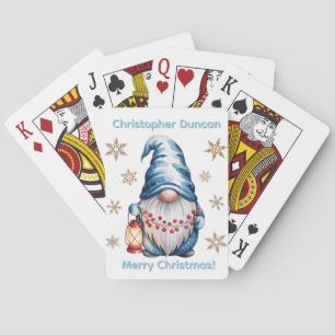 Blue Christmas Gnome with Red Lantern Berries Playing Cards